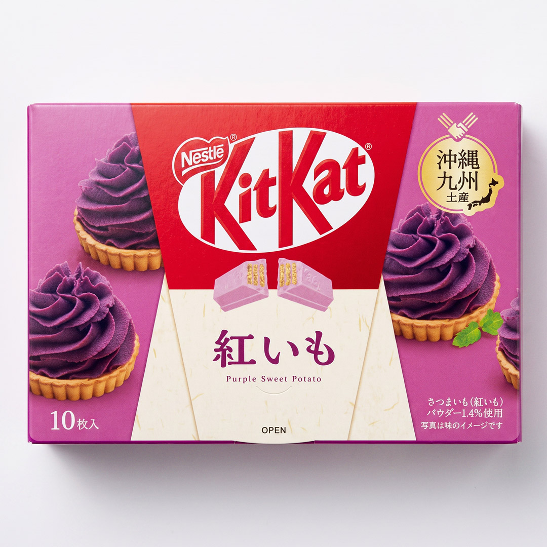 A uniquely Japanese KitKat featuring the delicate sweetness and refined flavour of Okinawan purple sweet potato. Purple sweet potato powder is blended into the cream and combined with crisp, aromatic wafers and a smooth purple sweet potato-flavoured coating. Made with 1.4% purple sweet potato powder.